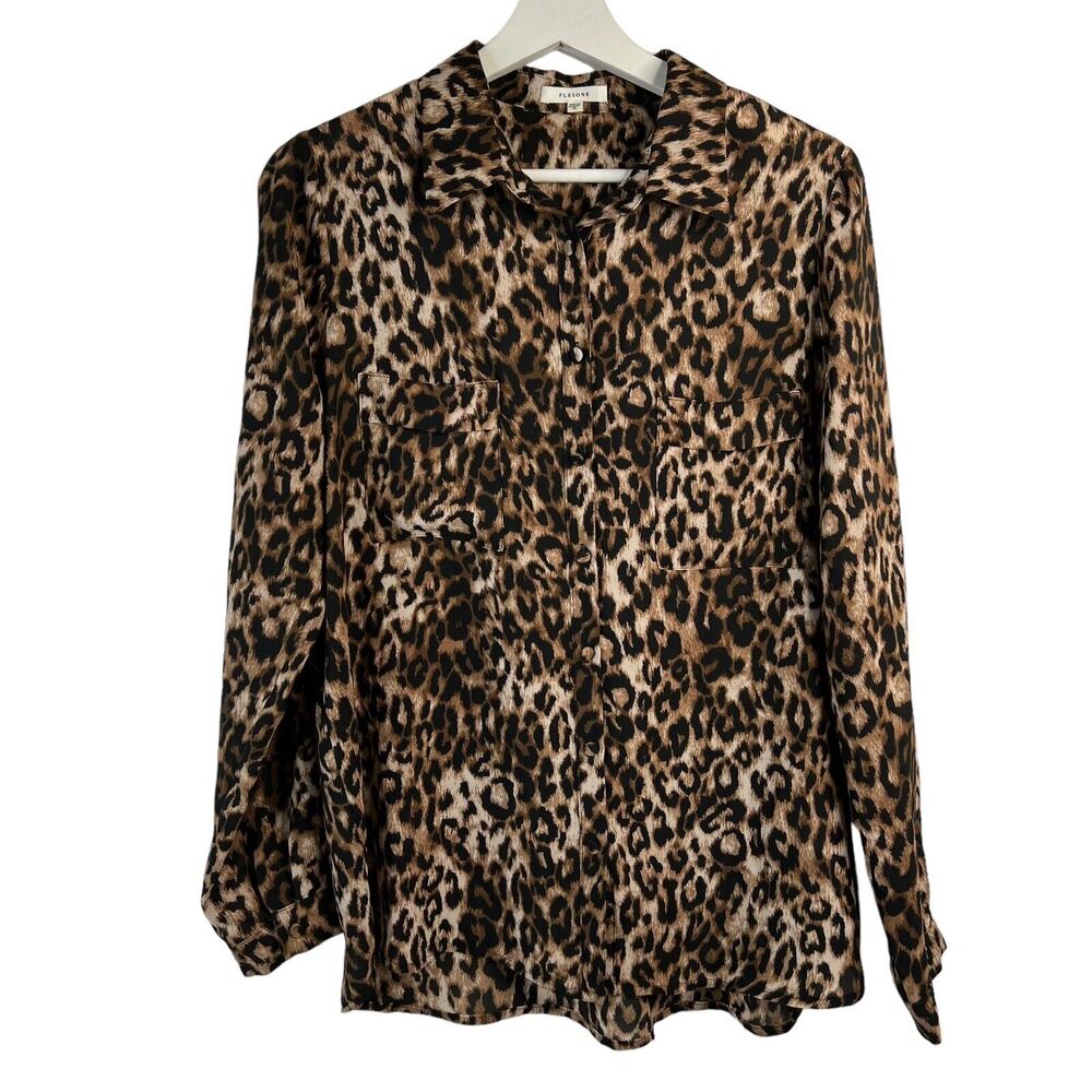 Pleione Sz M Blouse Leopard Animal Print Button Front Long Sleeve Women’s‎ Shirt